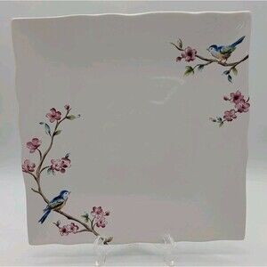 222 Fifth Feathered Friends Square Dinner Plate Blue Bird Pink Blossom